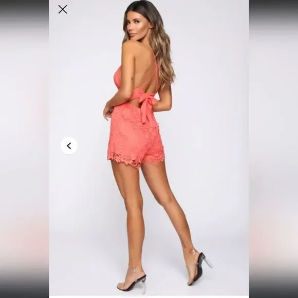 Fashion Nova Vibrant Coral (Orange/Pink) Lace Romper Size Large - Picture 4 of 8